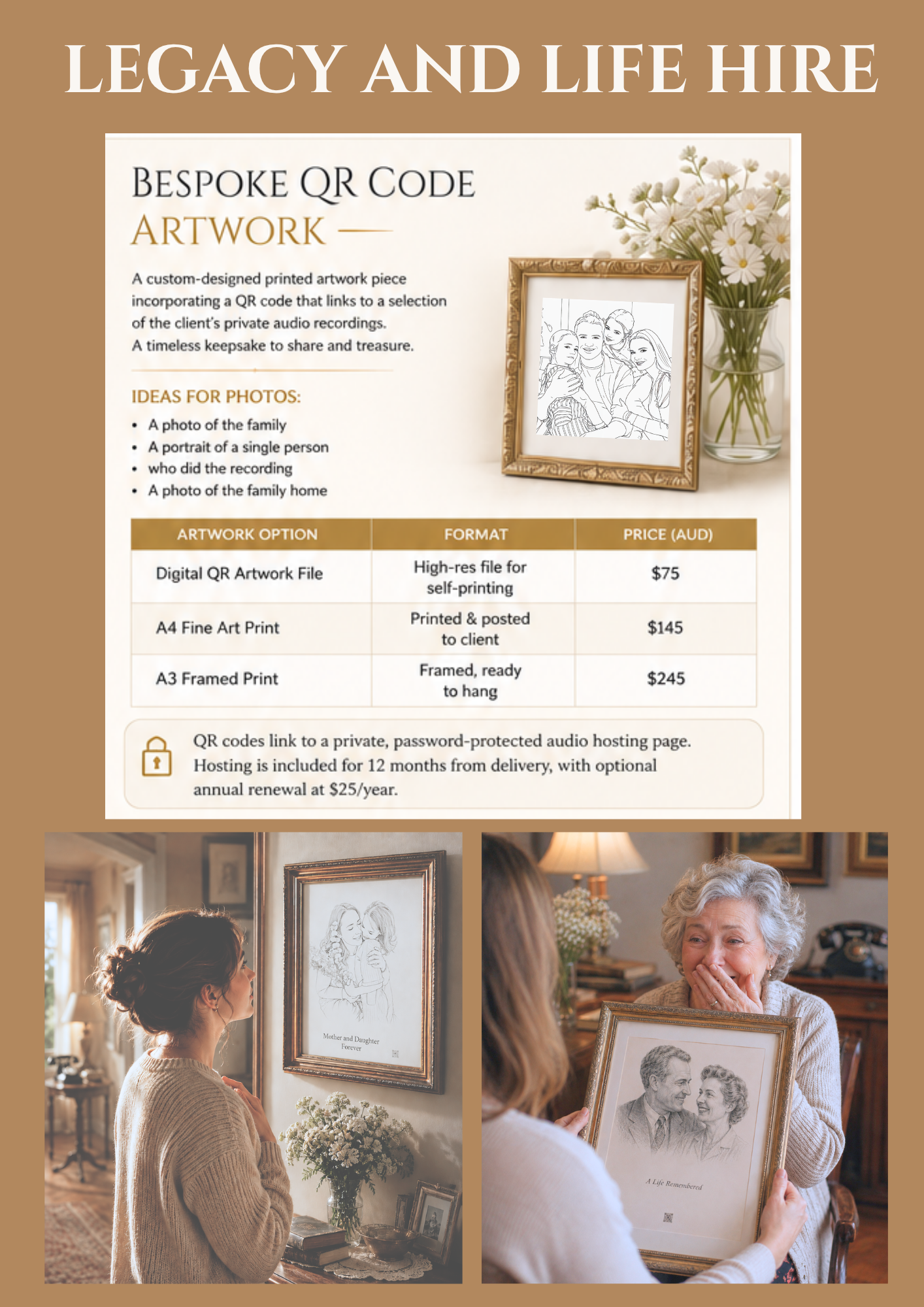 A family receiving a framed portrait inspired by a life recording