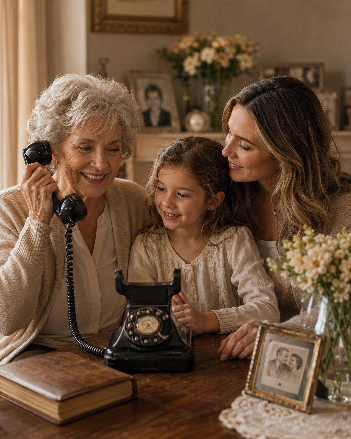 Three generations sharing stories beside a vintage telephone